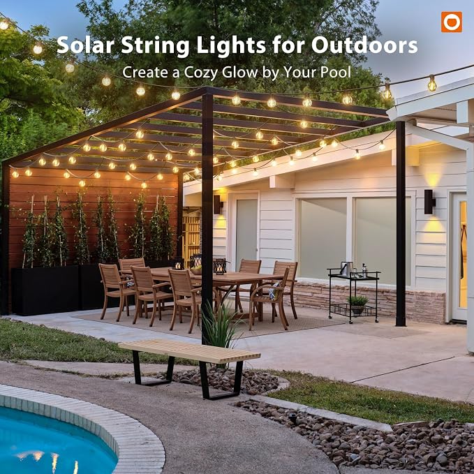 addlon 150FT Solar String Lights Outdoor Waterproof with Remote, Dimmable Commercial Grade Solar Powered String Lights with 80 LED Bulbs, Hanging Light for Camping Backyard Party Decor