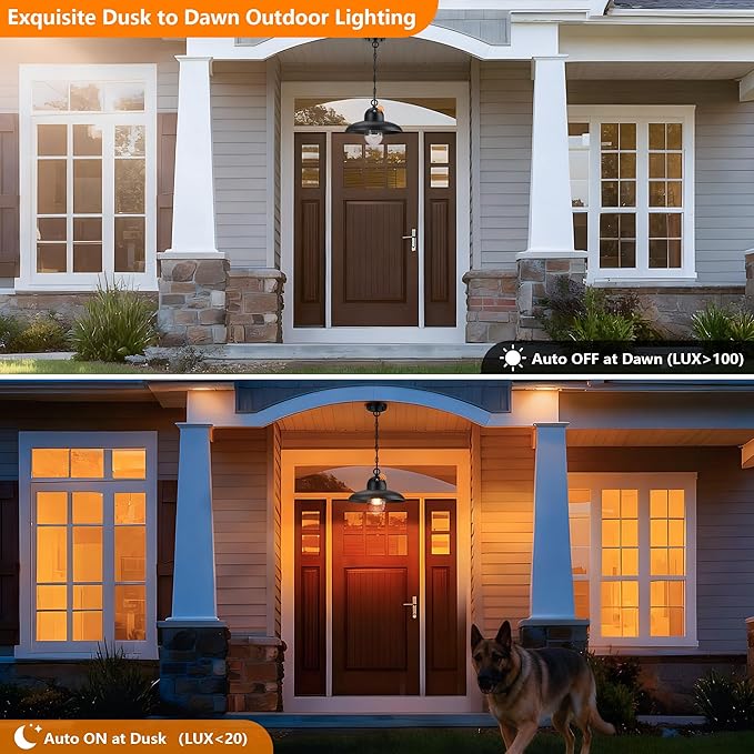 Dusk to Dawn Outdoor Pendant Lights for Porch 12", Outdoor Farmhouse Hanging Light Fixture with Adjustable Chain and Bubble Glass, Black Rustic Exterior Pendant Light for Front Door, Gazebo