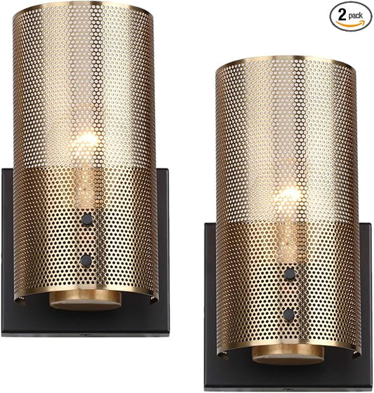 Hamilyeah Industrial Wall Sconces Set of Two, Vintage Brass Gold Sconces Wall Lighting Fixture with Grid Mesh Shade, Indoor Hardwired Wall Sconces for Bedroom Home Theater Bathroom