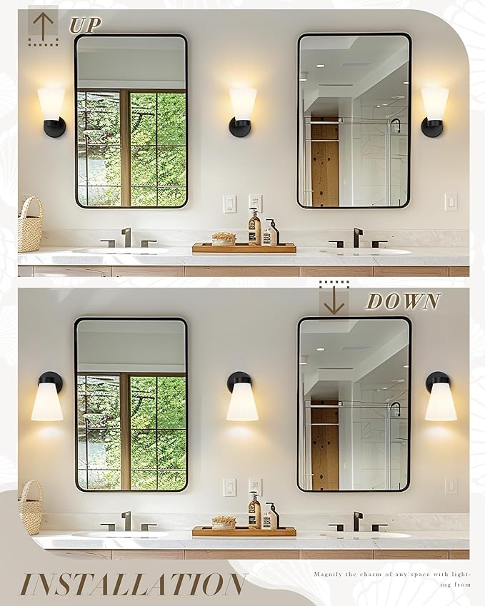 Indoor Wall Light Fixture, HWH Modern Wall Sconce Vanity Light with Frosted White Striped Glass Shade, Matte Black Single Wall Sconce for Bathroom Bedroom, 5HZG97B BK