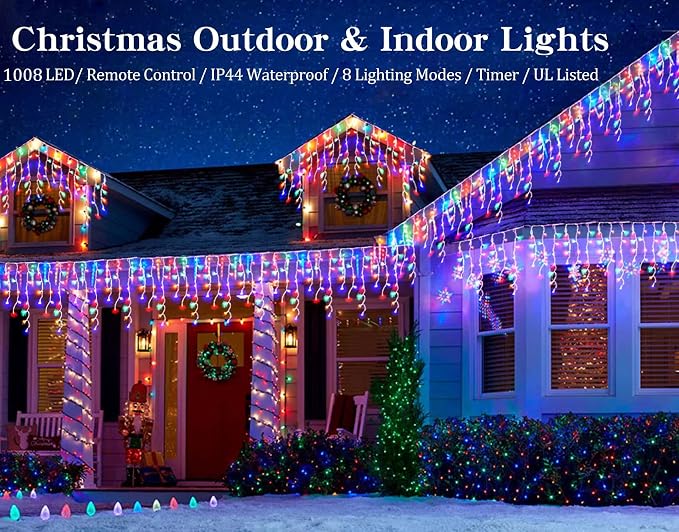 Christmas Icicle Lights Outdoor, 1008 LED 98.4 FT 8 Modes with Remote Control, Curtain Fairy String Lights for Christmas Decorations Holiday Wedding Party Eaves Window Yard Indoor (Multicolor)