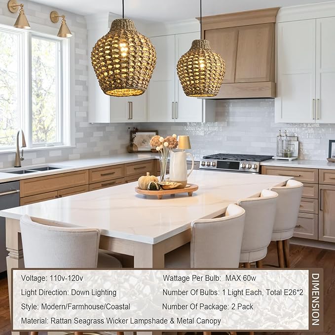 2-Pack Rattan Pendant Light 10.24" Boho Small Hand-Woven Lighting Modern Wicker Coastal Adjustable Rattan Chandelier for Kitchen Island Dining Room Bedroom Restaurant Foyer Farmhouse