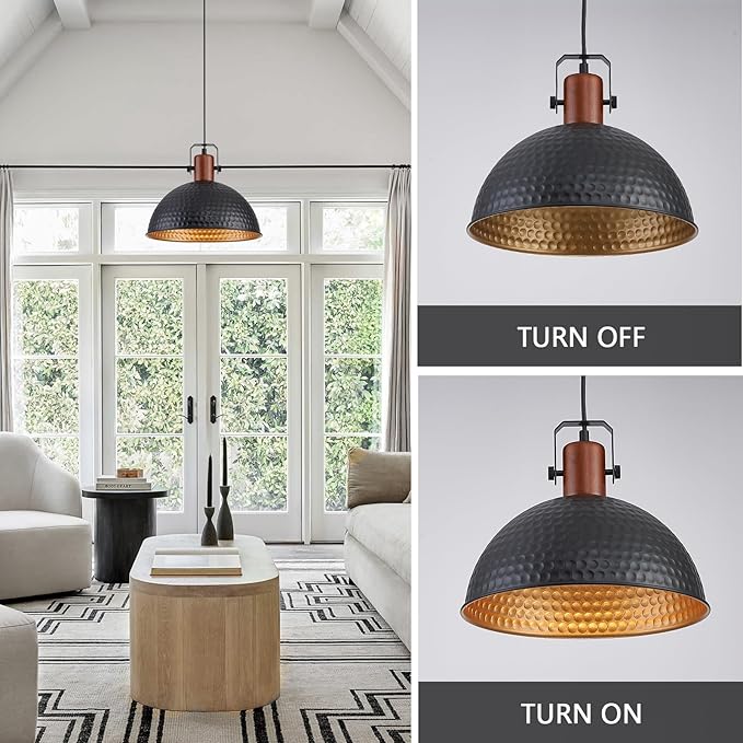 12 Inch Black Pendant Lights Hammered Matte Pendant Lights for Kitchen Island Industrial Farmhouse Adjustable Height Dome Hanging Light Fixtures for Barn, Dining Room 3 Packs