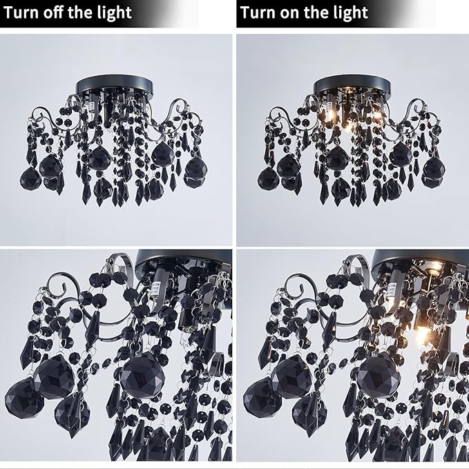 Rain Drop Crystal Small Crystal Chandelier Ceiling Light 3-Light Fixture Modern Chrome Iron Material Suitable for Bedrooms, Hallways, Walk-in Closets, Entryways, Stairwells (Black)