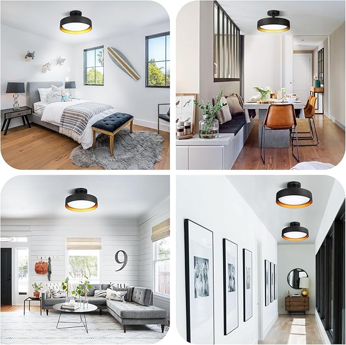 SunRider Industrial Semi Flush Mount LED Ceiling Light Fixture, 12 Inch 25W 2000LM Black Metal Bedroom Lamp, Golden Inside, 6000K Cool White, Dimmable