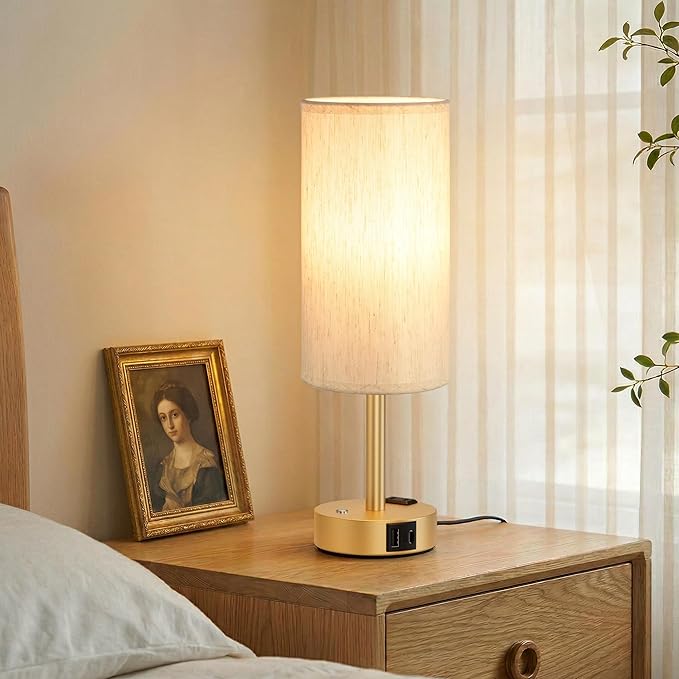 Touch Bedside Table Lamp with Memory - Stepless Dimmable Lamp for Bedroom, Small Nightstand Lamp with Dual USB Charging Ports and AC Outlet, Wood Night Light, Deak Lamp for Nursery (Cream & Gold)