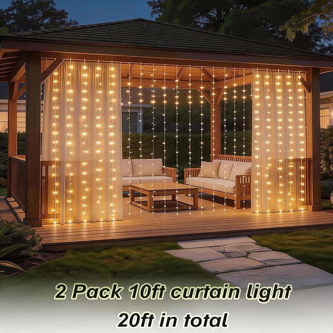 2 Pack Solar Curtain Light Outdoor, 20ft x 10ft, 480 LEDs in Total Solar Powerd String Lights Waterproof Outside for Garden Party Wedding Decór
