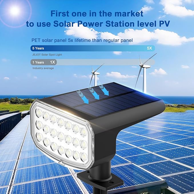 JEJOT Solar Lights Outdoor Waterproof IP65, Super Bright LED with Lens, 6500K 2 Lighting Modes, Solar Powered Yard Garden Solar Spot Lights for Outside Landscape Auto On/Off - 6 Pack