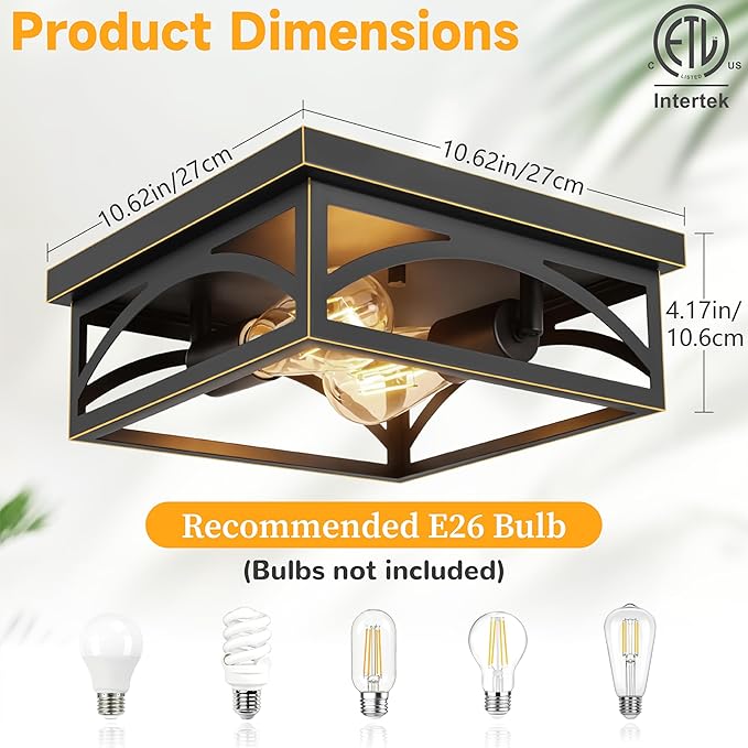 Black Flush Mount Ceiling Light Fixture, Industrial Light Fixture Ceiling Mount for Hallway Kitchen Porch Bedroom, Outdoor Ceiling Light Flush Mount, E26, 1 Pack, Gold Trim