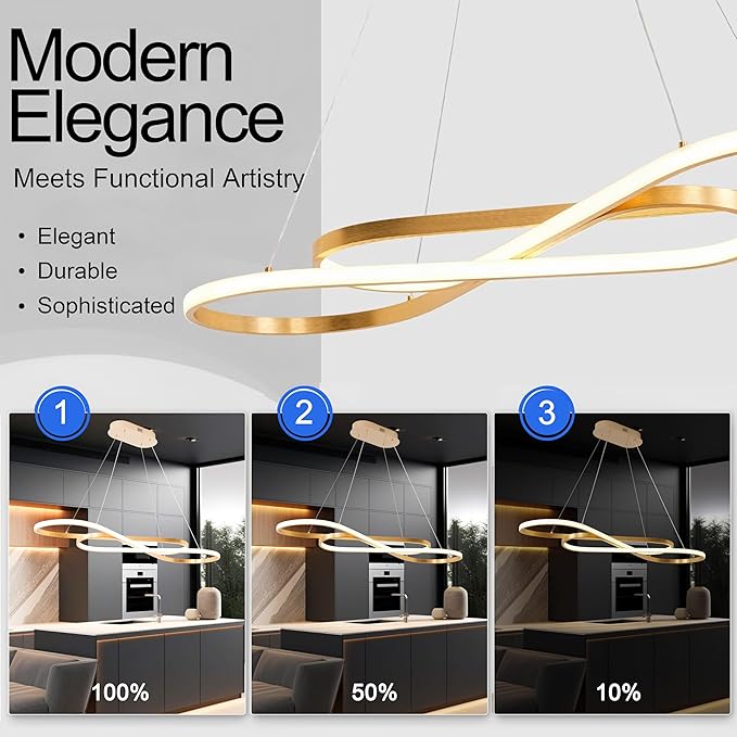 Luxury Gold Modern LED Pendant Light - 39.4in Modern Chandelier for Dining Room Kitchen Island Lighting