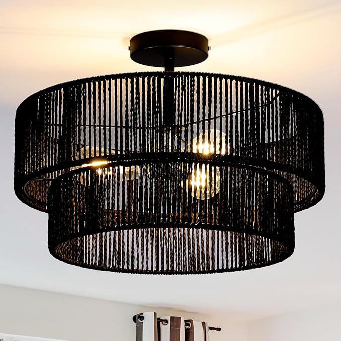 Black Boho Light Fixtures Ceiling Mount 18'' Coastal Hemp Rope Semi Flush Mount Ceiling Light Fixture 3-Light Rattan Light Fixtures with 2-Tier Drum Shade for Dining Room Kitchen Entry
