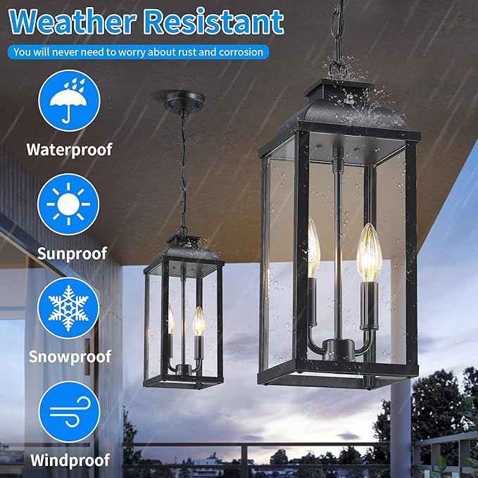 Large Outdoor Pendant Light 2-Light, 15.8" Dusk to Dawn Exterior Hanging Lights Fixture with Clear Glass, Modern Black Outdoor Chandelier for Gazebo Porch Patio Front Door