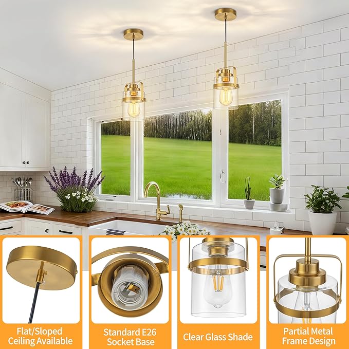 Modern Brass Pendant Lights Kitchen Island Light, Adjustable Hanging Light Fixture with Clear Glass Shade, Farmhouse Pendant Light for Dining Room Bar Over Sink/Table/Counter, 2 Pack