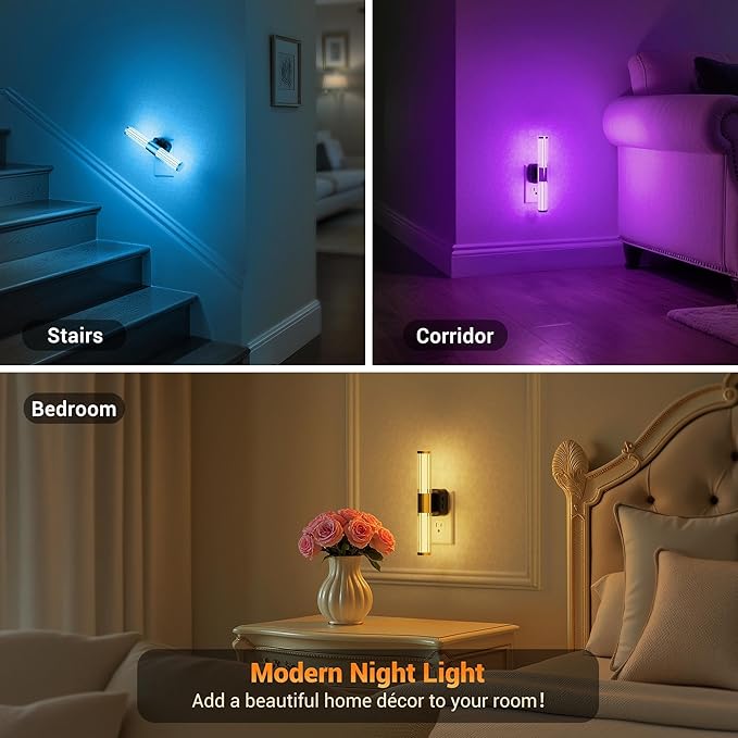 JandCase Night Light, Night Lights Plug into Wall, Color Changing Nightlight RGB with Dusk to Dawn Sensor, Vanity Light Bar for Hallway, Bathroom, Rooms[2 Pack]