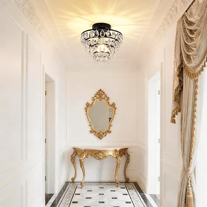 Mayful Modern Crystal Ceiling Light Fixture Black Semi Flush Mount Ceiling Chandelier Mini Ceiling Light for Hallway Bedroom Bathroom Living Room E26