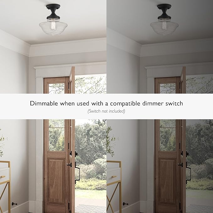 Design House Vintage-Inspired Schoolhouse Semi-Flush Mount Ceiling Light, 9 in x 9 in x 10 in, Matte Black, Clear Seeded Glass Shade, 587444
