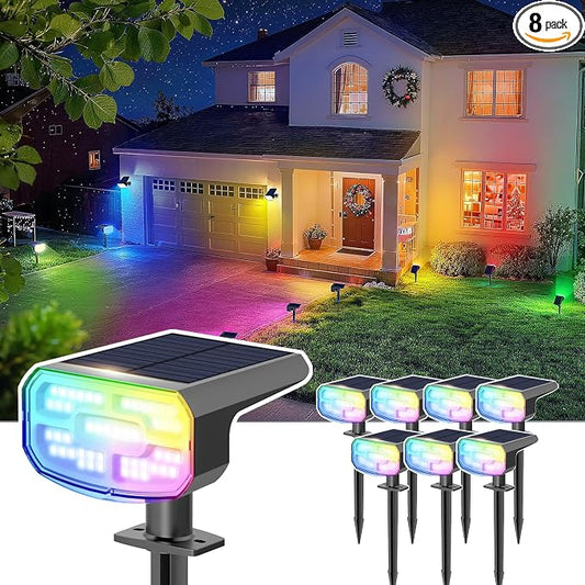 DAMINY Color Changing Solar Spot Lights 9 Lighting Modes,Outdoor Waterproof IP65,Multicolor RGB Spotlight for Gardens,Porches,Landscape,Yard Deconrations-8 Pack