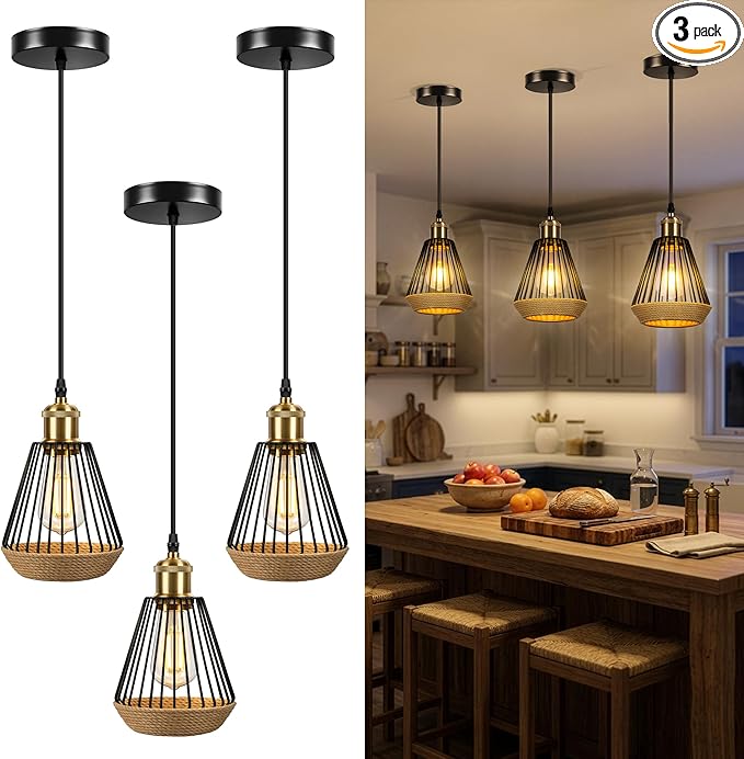ropelux Pendant Lights Kitchen Island, Modern Kitchen Island Lighting, Adjustable Height Farmhouse Black Gold Brass Hanging Light Fixture for Living Room Sink Dinning Room Bedroom- 3 Pcs