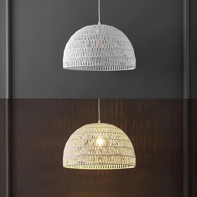 JONATHAN Y 20" White Modern Bohemian Woven Rope LED Pendant Light Fixture, Adjustable Dome Ceiling Lamp for Kitchen Island, Rope Shade, Coastal Farmhouse Decor (JYL6504E)