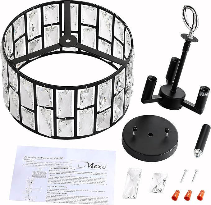 MEXO Farmhouse Crystal Round Semi Flush Mount Close to Ceiling Light Fixture, Drum Shade 3LT Ceiling Lamp for Kitchen Island Dinning Room Bedroom, Hallway Black Finish