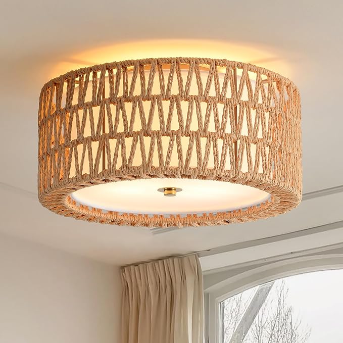 Boho Ceiling Light Fixtures 12.6" Flush Mount Ceiling Light, 3-Light Rattan Light Fixture for Bedroom Close to Ceiling Light Modern Ceiling Light for Foyer Hallway Entryway Kids Room