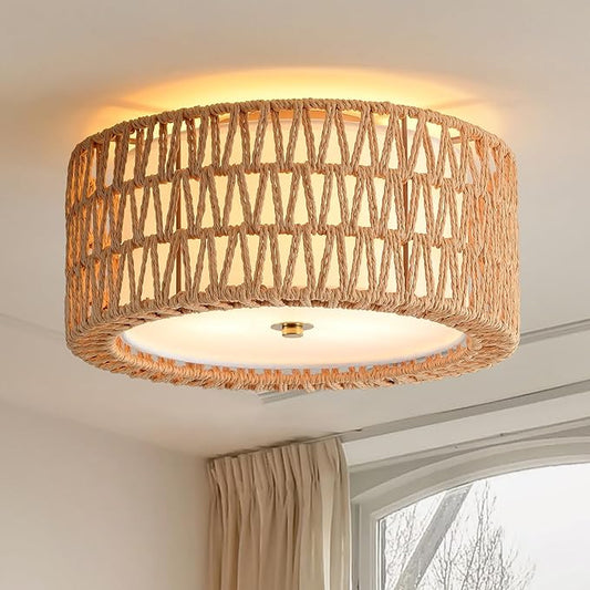 Boho Ceiling Light Fixtures 12.6" Flush Mount Ceiling Light, 3-Light Rattan Light Fixture for Bedroom Close to Ceiling Light Modern Ceiling Light for Foyer Hallway Entryway Kids Room