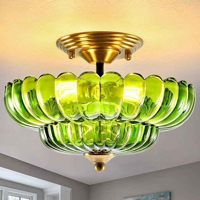 HuixuTe Modern Semi Flush Mount Ceiling Light, 3-Light Black Close to Ceiling Light Fixture with Green Glass Shade for Living Room Entryway Bedroom