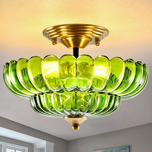 HuixuTe Modern Semi Flush Mount Ceiling Light, 3-Light Black Close to Ceiling Light Fixture with Green Glass Shade for Living Room Entryway Bedroom