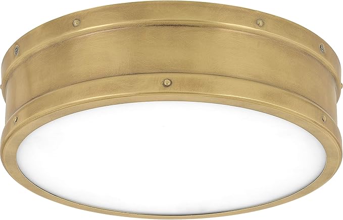 Quoizel Ahoy 12.75" Flush Mount Drum Light, Weathered Brass, Damp Location Rated, Integrated LED 1700 Lumens, Dimmable