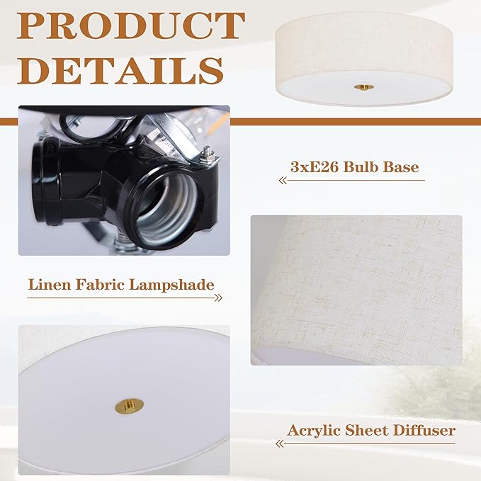 Bagood 16 Inch Flush Mount Ceiling Light Fixture 3-Light Drum Modern Gold Ceiling Light Fixture Dimmable Close to Ceiling Light Fixture with Fabric Shade for Living Room Hallway Entryway Bedroom