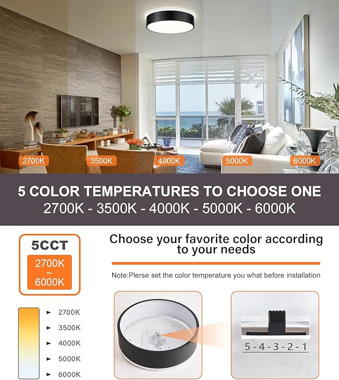 Dimmable Black LED Ceiling Light Fixture, 5CCT 2700 K-6000 K Modern Flush Mount Ceiling Light, Round Minimalist Lighting Fixture for Bedroom, Kitchen, Laundry Room, Living Room, 15.74 Inch