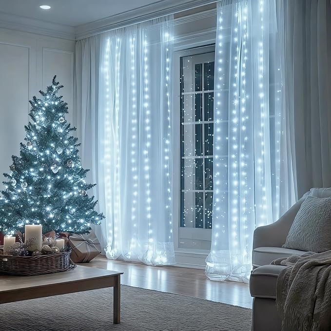 Fairy Curtain Lights Upgraded Tangle-Free Cool White USB Plug in 8 Modes String Hanging Lights with Remote for Christmas, Bedroom, Indoor, Outdoor, Weddings, Party (6.6FTx6.6FT)