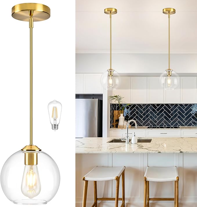 7 Inch Brass Modern Pendant Lights Kitchen Island Mid Century Modern Pendant Light Fixtures with Clear Glass Globe Modern Hanging Pendant Light for Bathroom Bedroom （Bulb Incl）