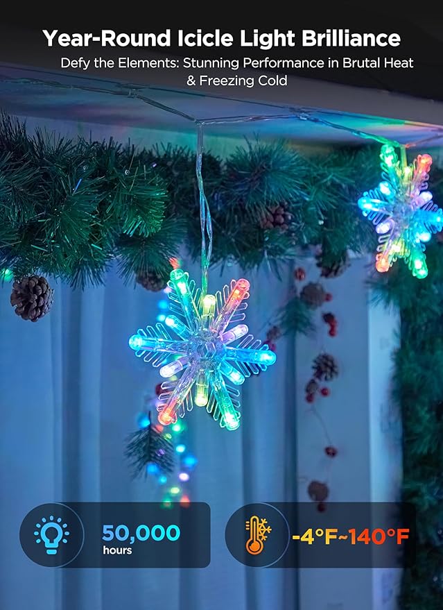 Brightown Smart Christmas Snowflake Lights, 36ft 288LED with 24 Drops Outdoor Icicle Lights with Music Sync & APP Control, Waterproof Connectable, 80+ Scene Modes for Roof, Yard, Window, Patio