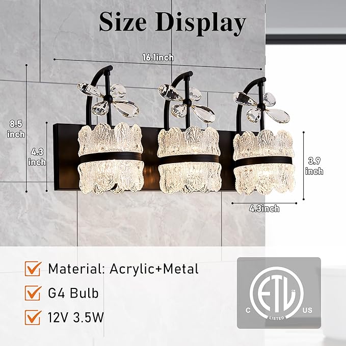 Bathroom Lights Over Mirror - Makeup Lighting Black - Bathroom Vanity Light with Acrylic Shades for Bath, Makeup Desk, Farmhouse, Hallway, 3-Light