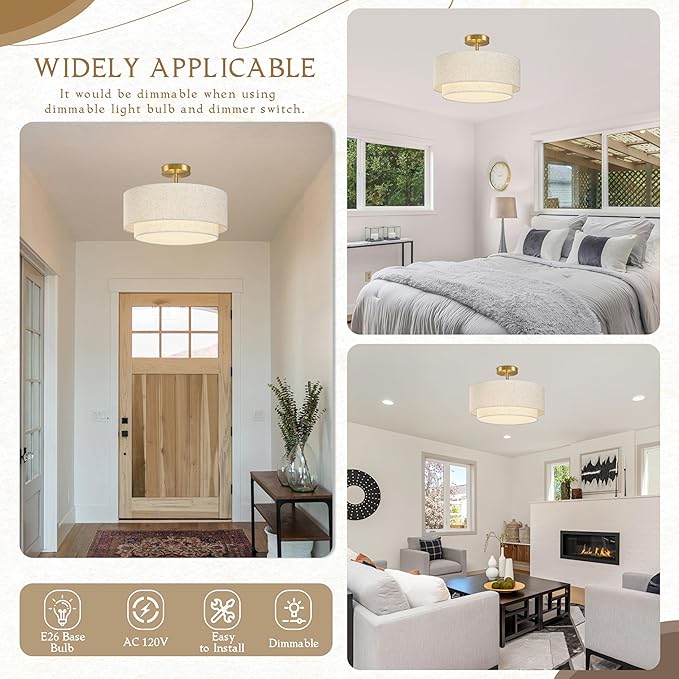 15.7 Inch Flush Mount Ceiling Light Gold Close to Lights Fixture with 2-Layer Fabric Shade 3-Light Drum Modern Lights for Dining Room Bedroom Hallway