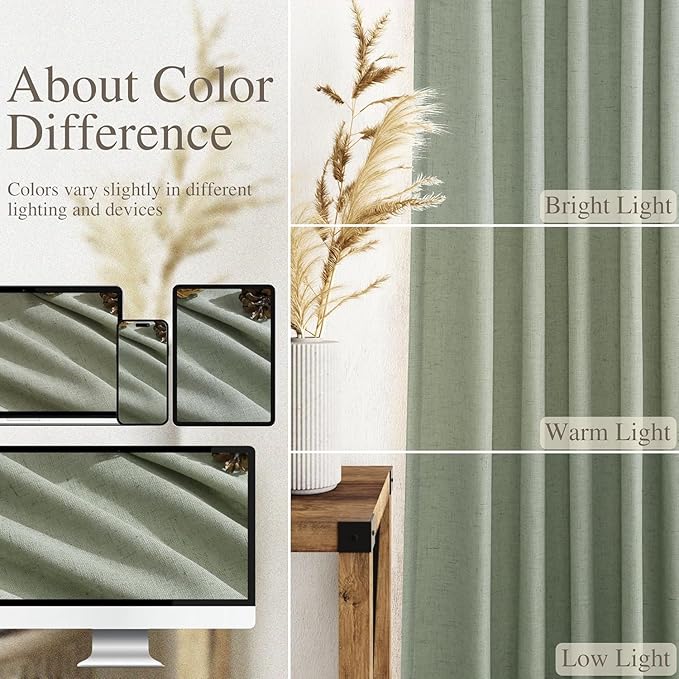 Desert Sage Linen Curtains 80 Inch Length for Living Room Light Filtering Semi Sheer Curtain Back Tab Rustic Farmhouse Decor Elegant Luxury Boho Drapes for Bedroom Dinner Room 52x80, 2 Panels
