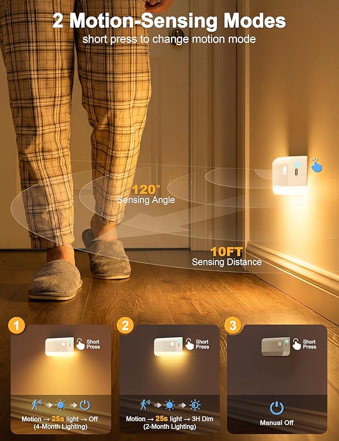 NIORSUN Motion Sensor Stair Lights Indoor, 8 Pack Rechargeable Wireless Step Lights with 3 Color Temperatures, 1200mAh Battery, Magnetic Base for Hallway, Closet, Bathroom, White
