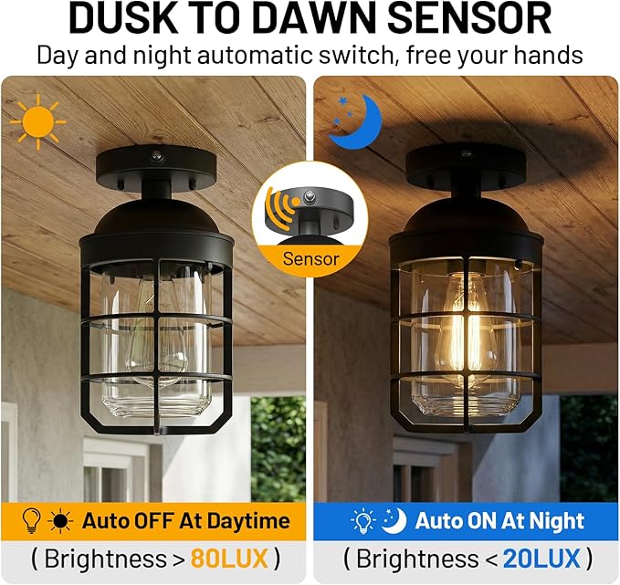 Outdoor Ceiling Lights for Porch with Dusk to Dawn Sensor, Black Outdoor Semi Flush Mount Ceiling Light Fixture with Clear Glass for Front Porch Entryway Patio, Set of 2