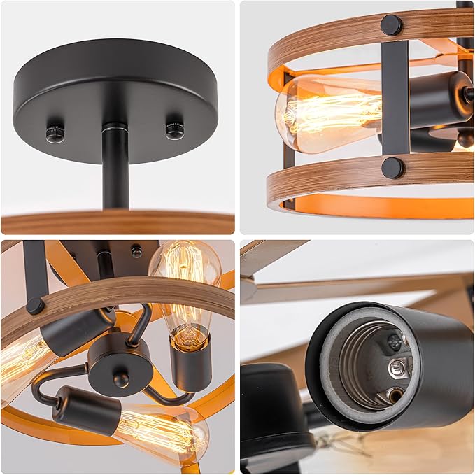 Farmhouse Semi Flush Mount Ceiling Light Fixture, Rustic 3-Light Flush Mount Light Fixture with Wood Grain Finish, Retro Ceiling Lamp for Hallway Entryway Bedroom Dining Room