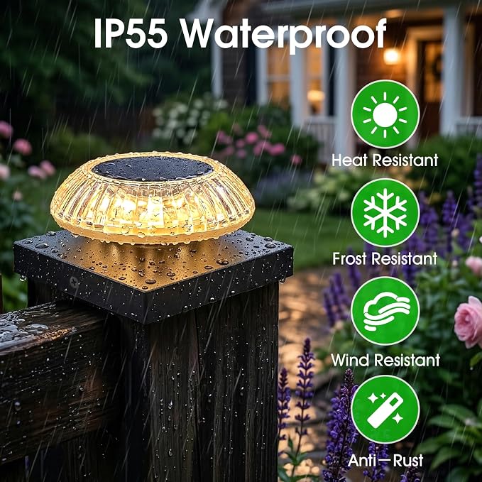 4x4 Solar Post Cap Lights 3 Color Modes,12 Pack Fence Post Lights Outdoor for Wooden/Vinyl Post, Waterproof Fence Lights Solar Powered Post for Fence Garden, Patio, Porch