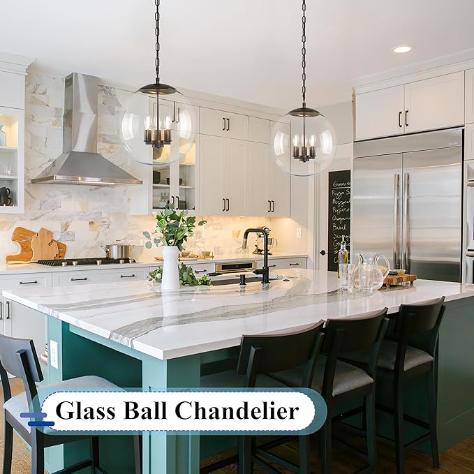 KoKo&Yukina 14" Black Globe Pendant Light Mid Century Pendant Light Clear Glass Pendant Lights Kitchen Island Adjustable Hanging Light Fixture for Dining Room Bedroom Kitchen Island