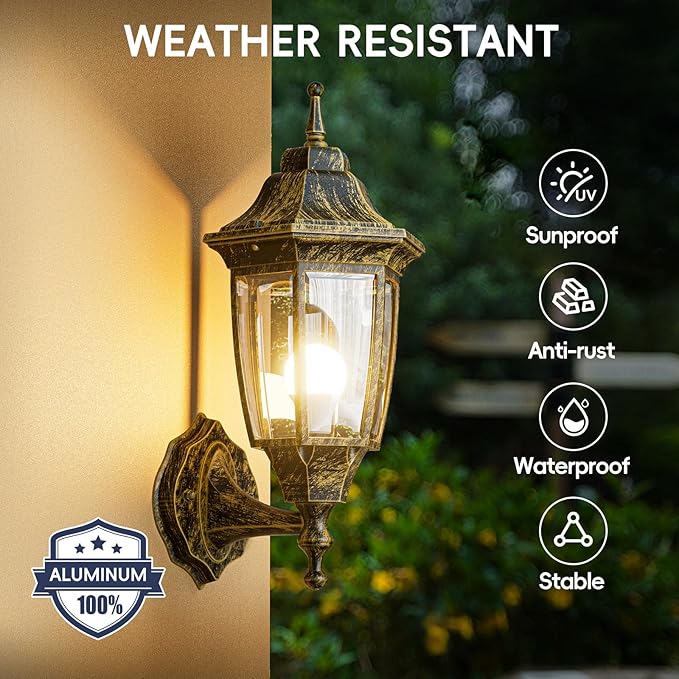 EMART Outdoor Front Porch Light, Exterior Anti-Corrosion, Waterproof Aluminum & Glass Shades Wall Lamp Fixture, Modern Sconce Lantern for Outside, House, Garage - 2 Pack, Gold （Bulb Included）