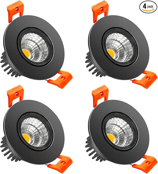 LightingWill 2inch LED Dimmable Downlight, 3W COB Recessed Ceiling Light, Warm White 3000K-3500K, CRI80, 25W Halogen Bulbs Equivalent, Black (4Pack)