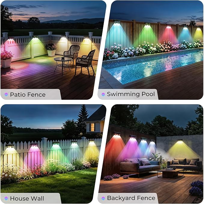 Solar Fence Lights Outdoor 6 Pack, Warm White & 8 Colors & RGB, IP65 Waterproof LED Deck Light, Dusk to Dawn Fence Lights Solar for Wall, Railing, Step, Patio, Pool, Backyard, Outside