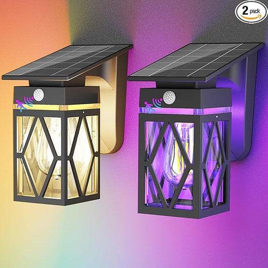 RGB Solar Wall Lights Outdoor 2 Pack, Dusk to Dawn & Motion Sensor Porch Light with Diamond Shape, 10 Modes (RGB Cycle/Fixed) IP65 Waterproof, E26 Bulb Exterior Sconce for Front Porch, Garage, Patio