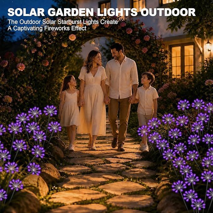 Solar Garden Lights Outdoor, Upgraded Solar Swaying Starburst Light Waterproof with 2 Modes, Solar Fairy Firework Lights for Yard Patio Pathway Flowerbed Balcony Garden Decoration (Purple, 4 Pack)