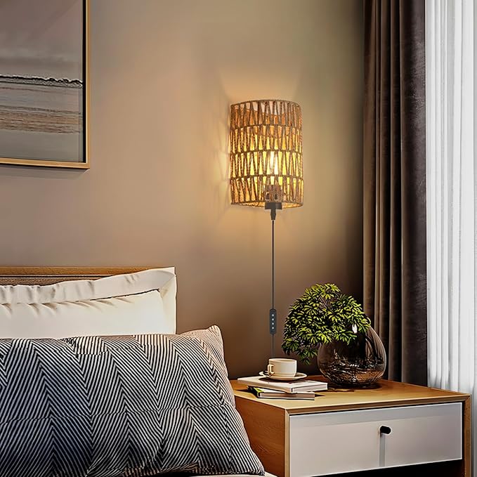 FINCMY Boho Wall Decor Plug in Wall Sconces, Dimmable Sconces Wall Decor Set of 2, Natural Hemp Rope Boho Decor, Plug in Wall Light with Remote, LED Bulbs Included