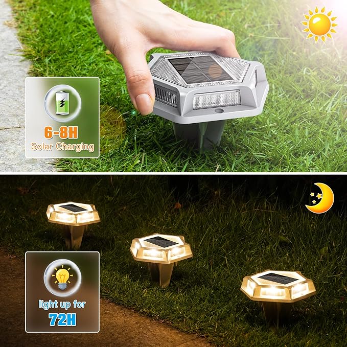 VOLISUN Solar Driveway Lights Dock Outdoor Waterproof Marker Lights,16 Pack Solar Deck Lights 2 Colors in 1 Led Wireless IP67,Solar Deck Lights for Sidewalk Pathway Yard(White/Warm White),Auto On/Off