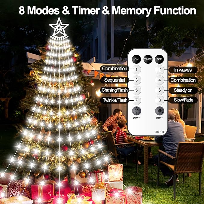 Christmas Decorations Star Lights Outdoor, 11.48ft 350 LED Waterfall Tree Lights with 8 Modes Timer Remote Plug in Christmas Lights for Indoor Yard Patio Home Holiday Party Decor, Pure White
